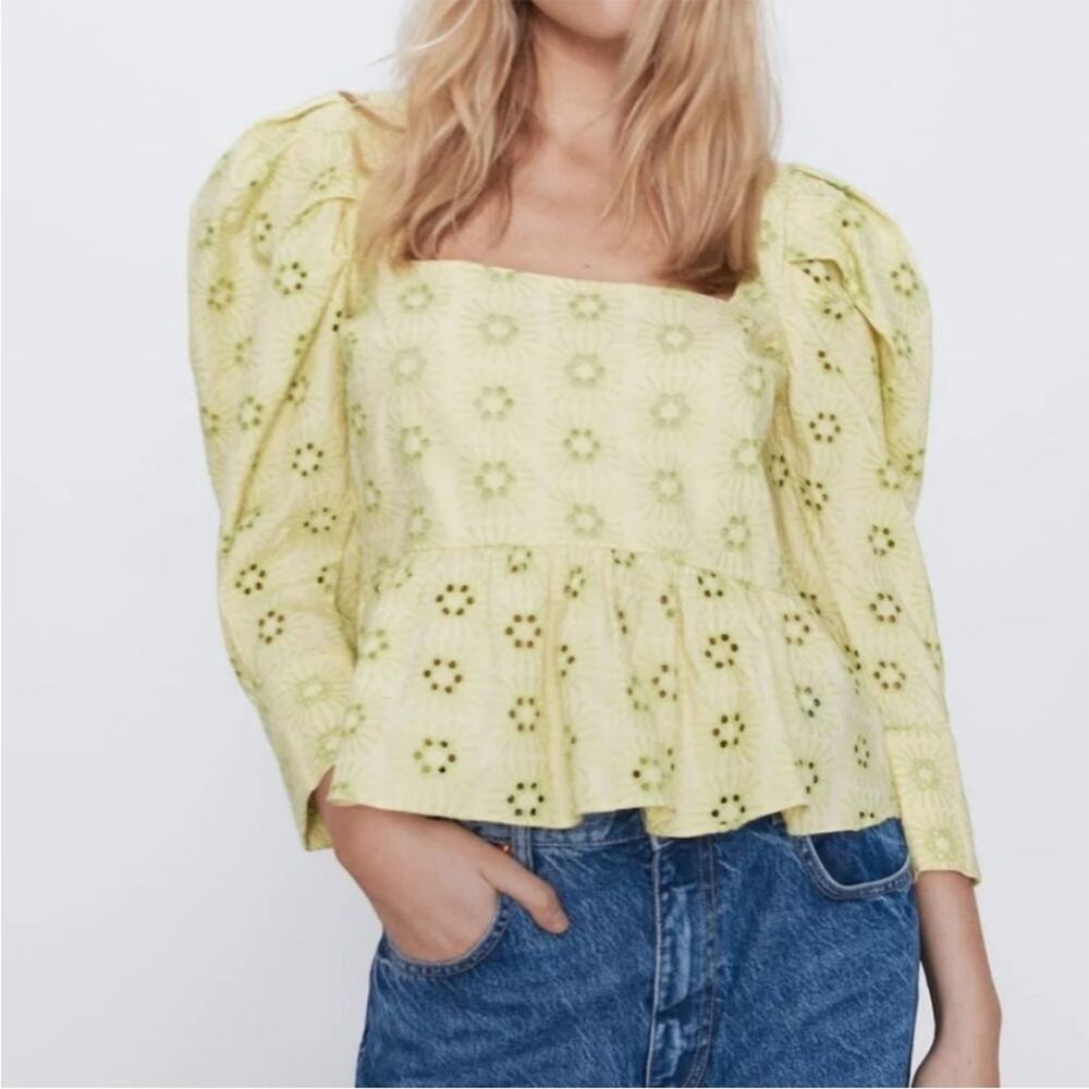 Zara Chartreuse Green Puff Long Sleeve Square Neckline Eyelet Crochet Top XS